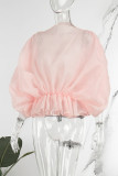 Pink Casual Solid See-through O Neck Tops