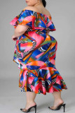 Färg Casual Work Elegant tryck lapptäcke Volang från axeln Omlindad kjol Plus Size Klänningar