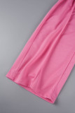 Pantalon décontracté uni basique taille haute conventionnel couleur unie rose