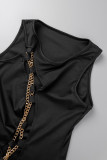 Black Sexy Party Solid Chains O Neck One Step Jupe Robes