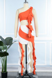 Orange Sexy Casual Patchwork Lace Backless Contrast Oblique Collar Sleeveless Two Pieces