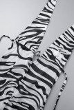 Schwarz-weiße, sexy, lässige, durchsichtige, rückenfreie Mesh-Kleider mit V-Ausschnitt, Street-Print und einstufigem Rock