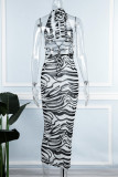 黒と白のセクシーなカジュアルストリートプリントシースルーバックレスメッシュ V ネックワンステップスカートドレス