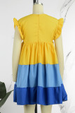 Geel casual patchwork contrast O-hals A-lijn jurken