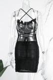 Zwarte sexy effen rugloze split spaghettiband mouwloze jurkjurken