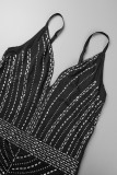 Schwarze, sexy, formelle Patchwork-Kleider mit heißem Bohren, rückenfrei, Spaghettiträger, langes Kleid