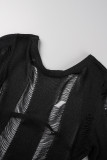 Robes à manches longues noires décontractées solides déchirées évidées à col rond
