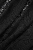 Vestidos pretos casuais lisos rasgados com decote oco manga longa