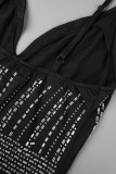 Robe longue noire sexy en patchwork formel chaud avec bretelles spaghetti dos nu