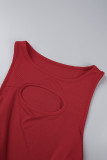 Rose Red Sexy Casual Solid Hollowed Out Frenulum O Neck Sleeveless Two Pieces