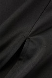 Vestido negro casual de manga corta con cuello en V y abertura sólida con cinturón Vestidos