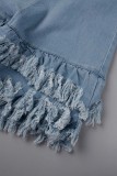 Macacão Jeans Skinny Sexy Azul Profundo Casual Solid Patchwork Sem Costas Zíper Alça Espaguete