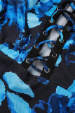 Robes de robe irrégulières à bretelles spaghetti dos nu à imprimé sexy bleu