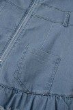Macacão Jeans Skinny Sexy Azul Profundo Casual Solid Patchwork Sem Costas Zíper Alça Espaguete