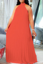 Wassermelonenrotes, elegantes, solides Patchwork-Faltenhalter-Kleid in A-Linie in Übergröße