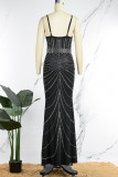 Zwarte sexy formele patchwork hete boren rugloze lange jurk met spaghettibandjes