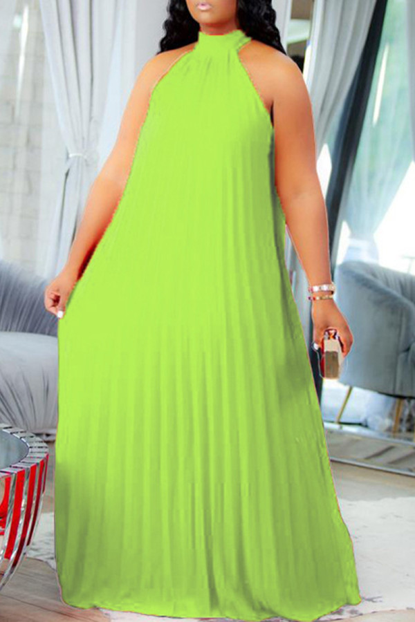Fluoreszierendes Grün, elegantes, solides Patchwork-Faltenhalter-Kleid in A-Linie in Übergröße