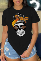 Svart Street Basis Print Skull Patchwork O-hals T-shirts
