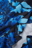 Blauwe sexy print uitgeholde rugloze spaghettibandjes onregelmatige jurkjurken