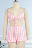 Pink Sexy Casual Striped Print Backless Spaghetti Strap Sans Manches Deux Pièces