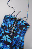Blauwe sexy print uitgeholde rugloze spaghettibandjes onregelmatige jurkjurken