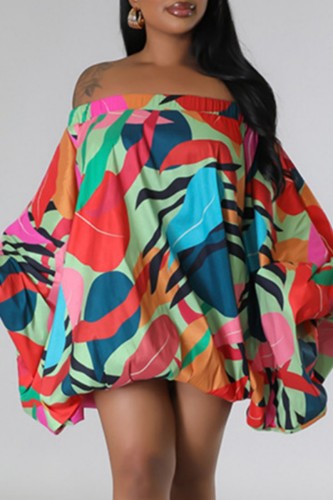 Green Red Casual Print Backless Off the Shoulder Long Sleeve Dresses