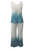 Sky Blue Casual Print Basic O Neck Sleeveless Two Pieces