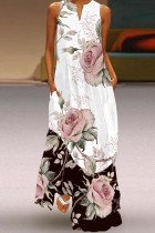 Wit Roze Casual Print Basic V-hals Lange jurk Jurken