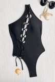 Zwarte Sexy Effen Uitgeholde Frenulum Rugloze Zwemkleding (Met Paddings)