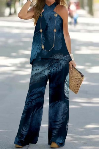 Dark Blue Casual Print Backless Halter Sleeveless Two Pieces
