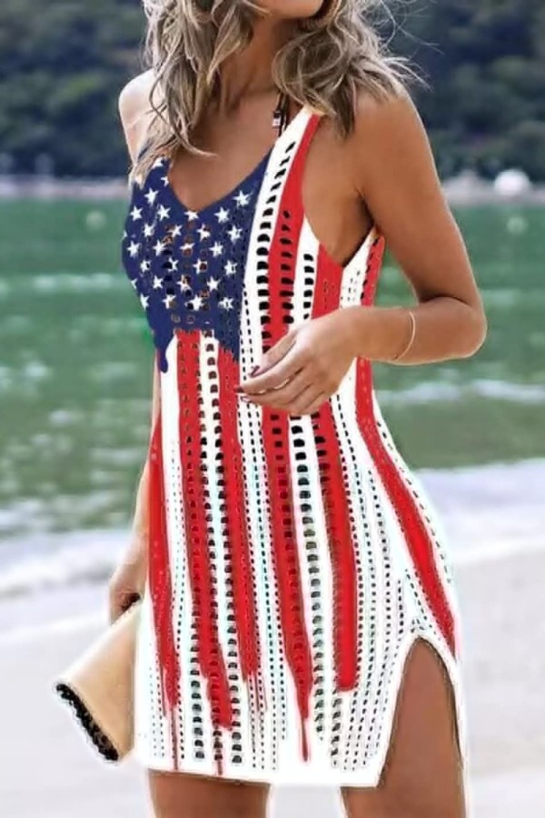 White Red Sexy Flag Stars Print Hollowed Out See-Through Slit V Neck Sleeveless  Cami Dress