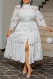 Белые повседневные однотонные платья с длинным рукавом в стиле пэчворк и вырезом на шее