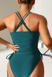 Зеленый Сексуальный однотонный купальник с открытой спиной и уздечкой на завязках (с прокладками)
