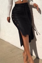 Faldas de color sólido tipo H de cintura alta flacas con hendidura sólida informal negro