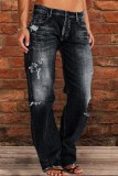 Grey Casual Solid Patchwork Mid Waist Regular Ripped Denim Jeans