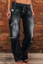 Jeans in denim regolari a vita media con patchwork strappati solidi casual neri