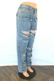 Blue Casual Solid Patchwork High Waist Regular Distressed Ripped Denim Jeans