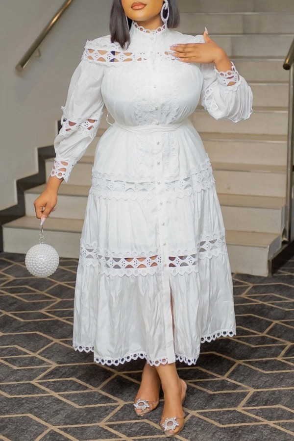 Белые повседневные однотонные платья с длинным рукавом в стиле пэчворк и вырезом на шее