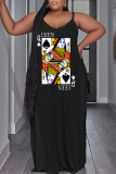 Black White Sexy Casual Print Backless Spaghetti Strap Long Dress Plus Size Dresses