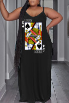 Robe longue noire sexy à bretelles spaghetti imprimée décontractée, robes de grande taille