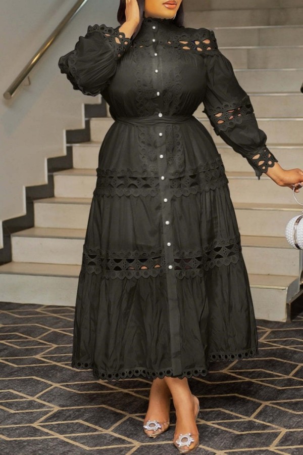Schwarze, lässige, solide, ausgehöhlte Patchwork-Kleider mit halbem Rollkragen und langen Ärmeln