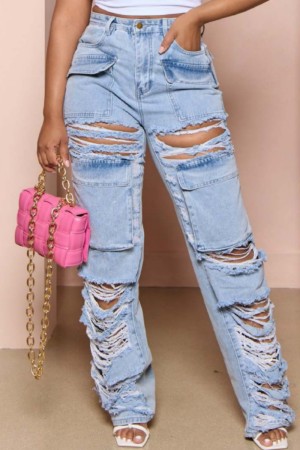 Blue Casual Solid Patchwork High Waist Regular Distressed Ripped Denim Jeans