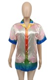 Multicolor Casual Print Patchwork Shirt Collar Tops
