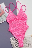 Pink Sexy Print Leopard Patchwork Backless Swimwears (With Paddings)