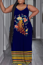 Donkerblauwe sexy print rugloze lange jurk met spaghettibandjes Grote maten jurken
