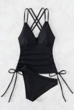 Black Sexy Solid Draw String Frenulum Backless Swimwears (With Paddings)