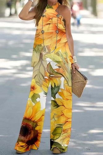 Orange Yellow Casual Print Backless Halter Sleeveless Two Pieces