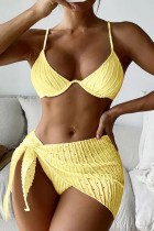Yellow Sexy Solid Frenulum Backless Swimsuit Three Piece Set (With Paddings)
