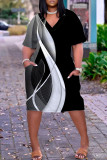 Zwarte casual print patchwork jurk met V-hals en korte mouwen