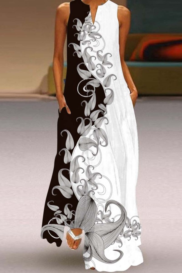 Robes de robe longue de base à col en V à imprimé décontracté noir blanc